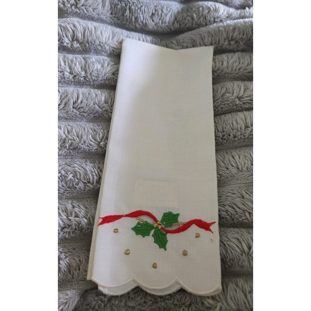 Vintage 1986 Embroidered Fingertip Tea Towel With Ribbon Christmas Holly NWT